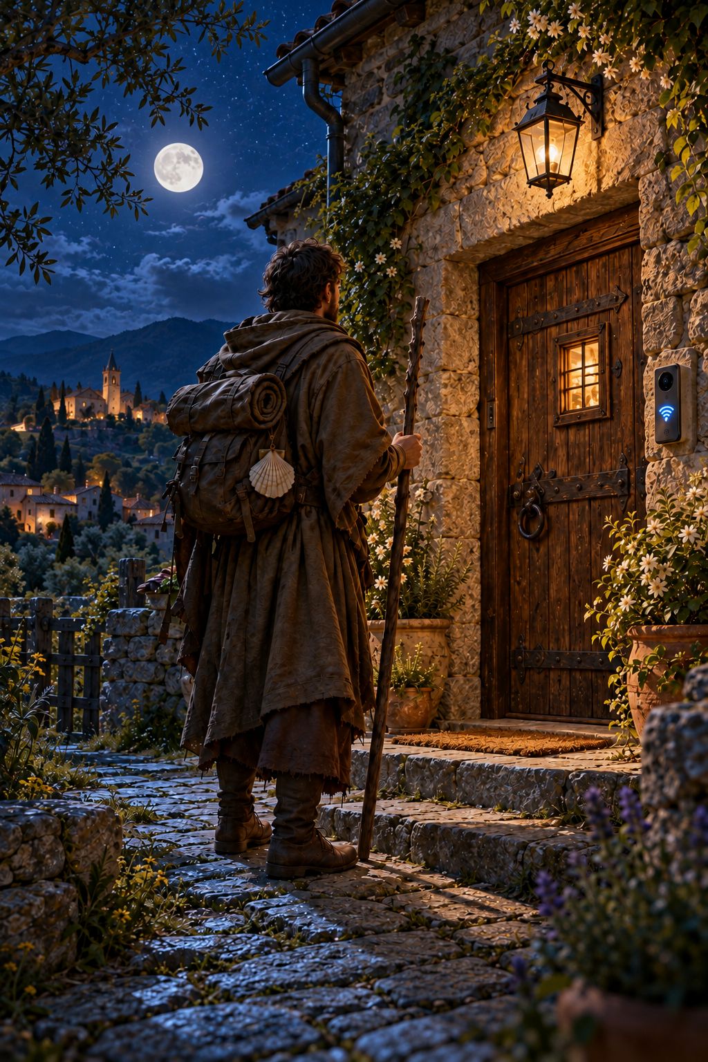 The pilgrim before the closed wooden door of a stone cottage, a lantern burning, a router glowing on the windowsill