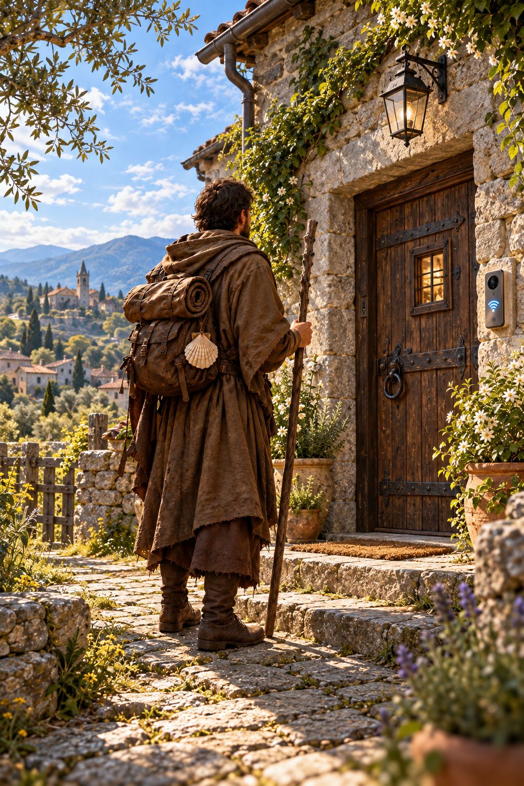 The pilgrim before the cottage door in daylight
